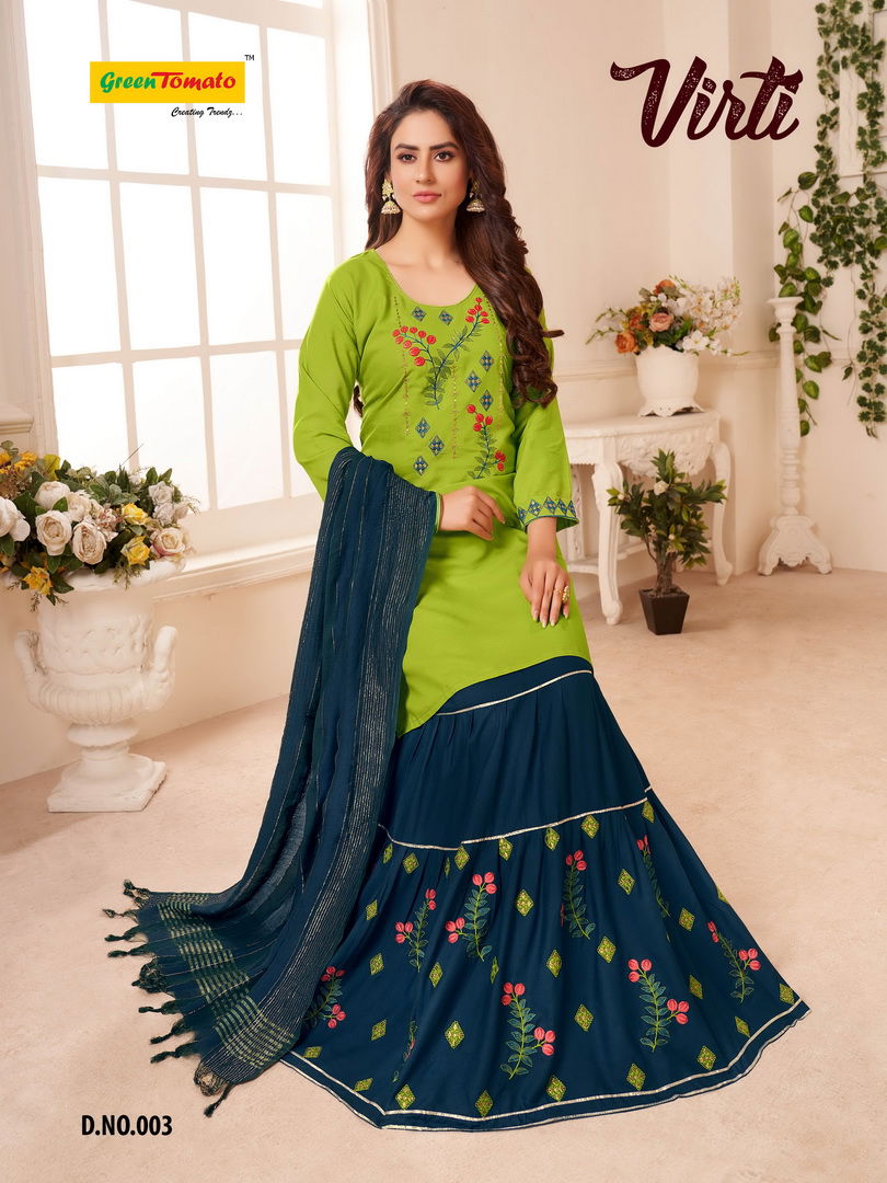 Master Virti Designer Latest Heavy Rayon Top With Embroidery Work Kurti With Skirt And Fancy Dupatta Collection